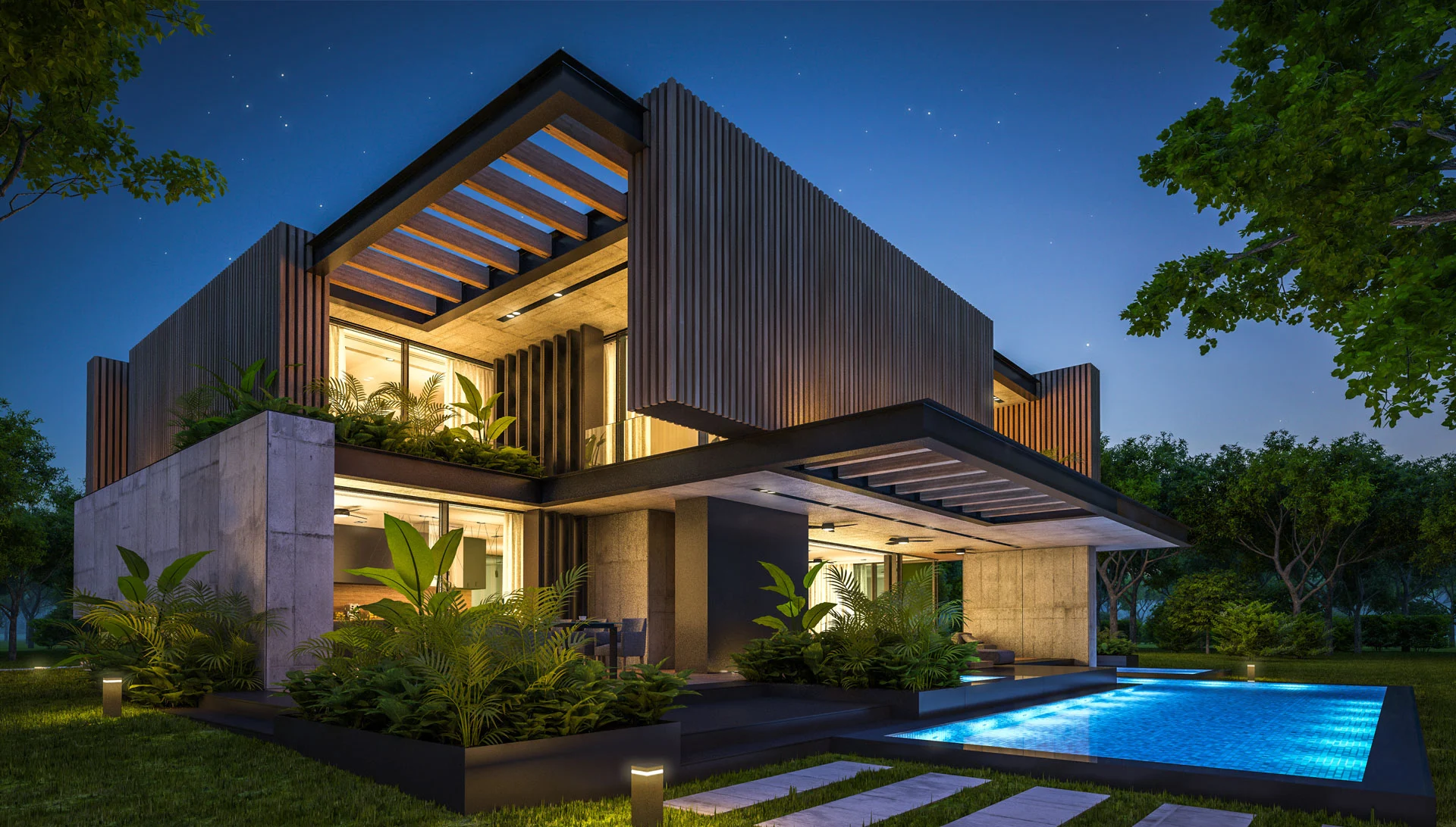 Contemporary luxury house at dusk
